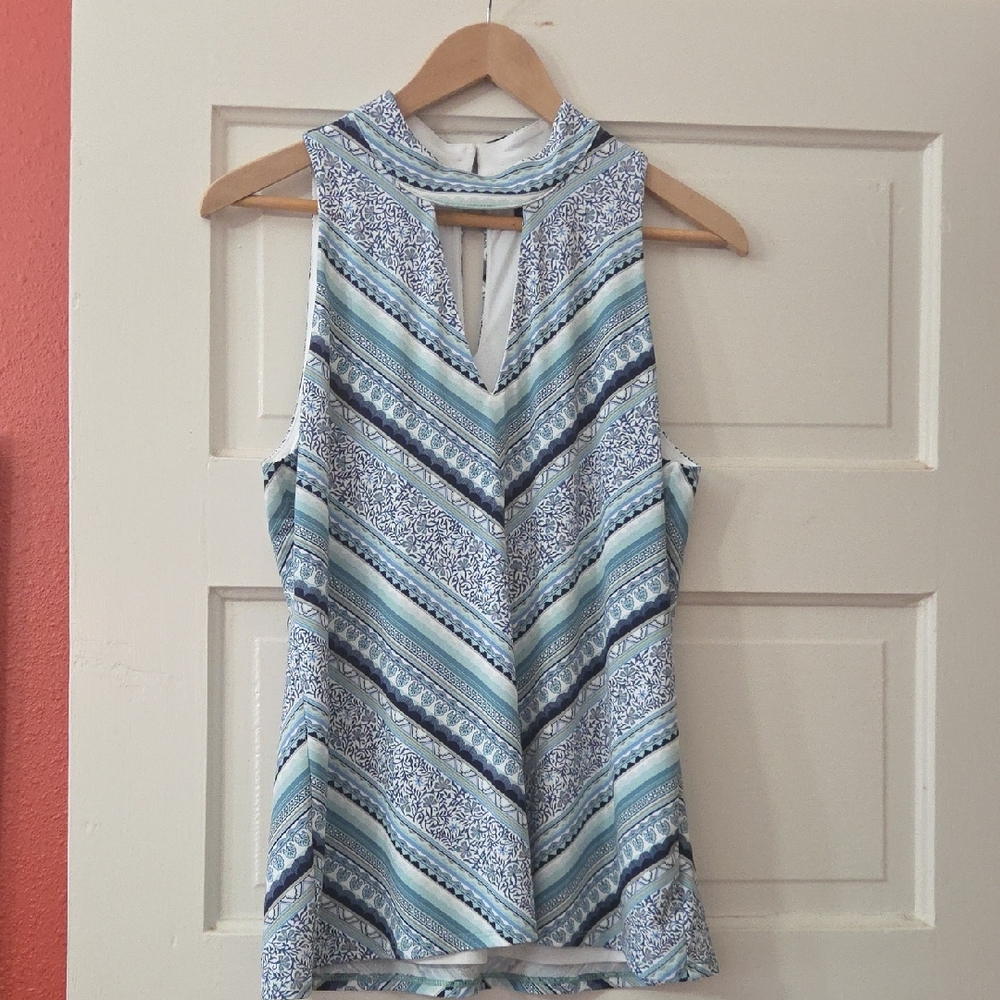 White House Black Market Aqua and White Chevron Blouse